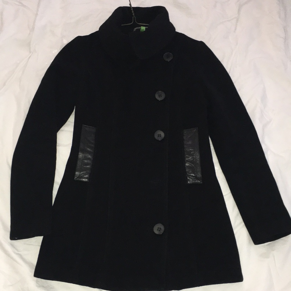 MACKAGE REAL LEATHER TRIM-SOFT WOOL FUNNEL NECK PEA COAT EUC SIZE XS
